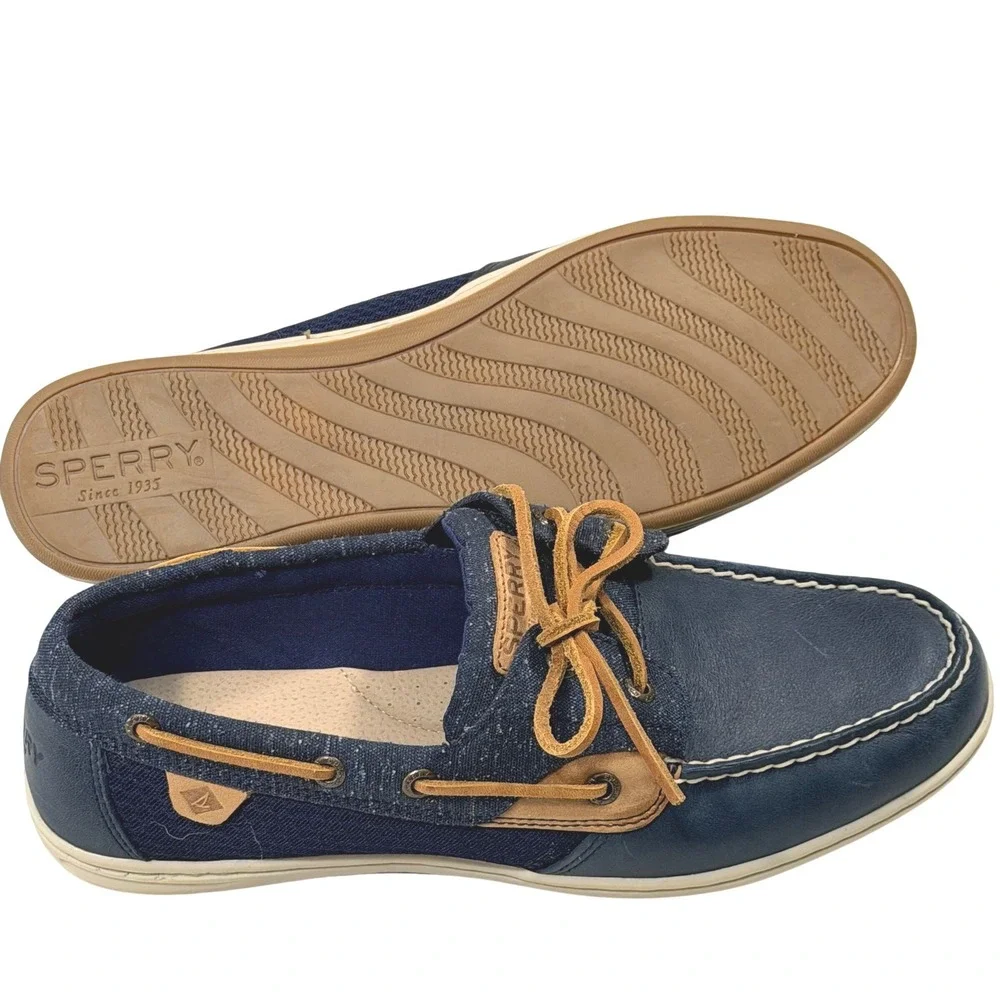 Sperry Top-Sider Koifish Navy Blue Leather Fabric Boat Shoes Womens 11M STS99614